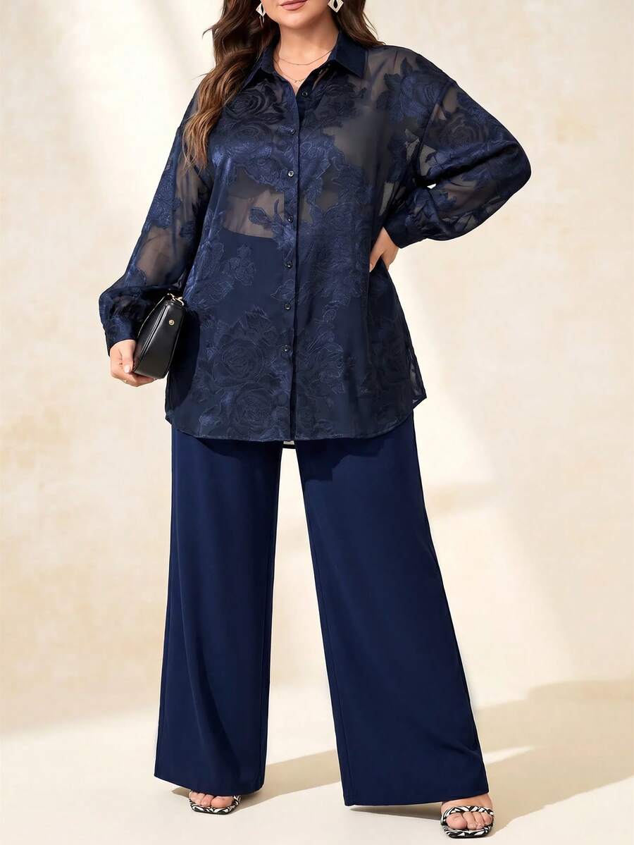 Chikora Plus Size Women's Printed Round Neck Batwing Sleeve Top Solid Straight Leg Pants With Pockets 2-Piece Set Dinner Formal Navy Blue Autumn Elegant Fall