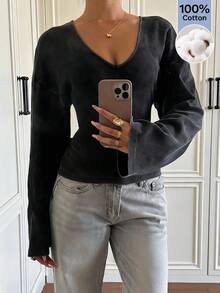 SHEIN EZwear 黑色針織女款V領落肩長袖休閒T恤 - 黑色 - 查看 1