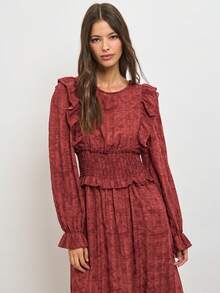 Nöista Chestnut-Red Long-Sleeved Dress, French Retro Elegance . Fall/Winter Dates, Parties, Casual . Elegant Piece For Fall Wardrobe, Back To School - Red - View 2