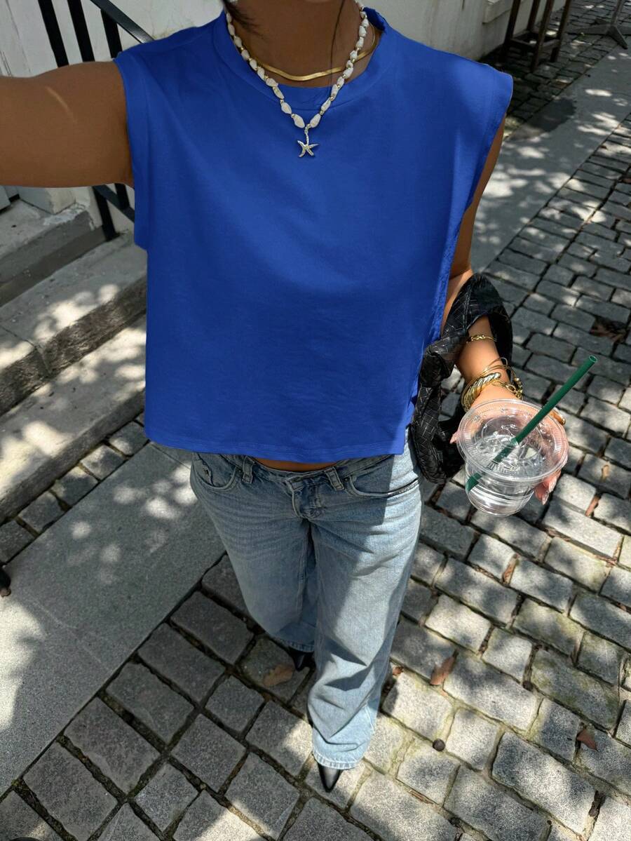 Siren Gaze Solid Color Wide Shoulder Casual Cropped Tank Top - Royal Blue - View 1