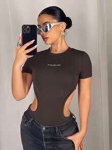 SHEIN ICON Y2K 性感女款黑色高彈力鏤空輕量無縫針織連身內搭底層 - 棕色 - 查看 3