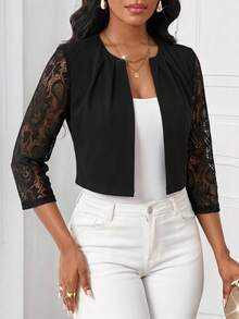 SHEIN Lady 女款對比蕾絲 3/4 袖優雅開襟正裝外套 - 白色 - 查看 3