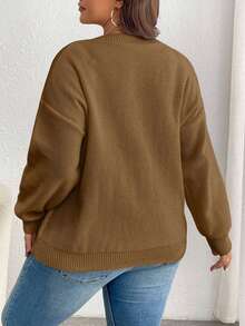 SHEIN Cottnline Plus Size Solid Color Crew Neck Sweater, Casual For Autumn/Winter Formal Vacation Brown - Brown - View 2