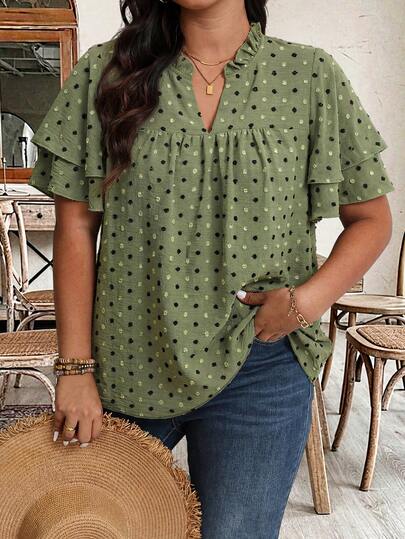 Weeklong Plus Size V-Neck Ruffle Sleeve Patchwork Pleated Loose Blouse, Slimming Spring/Summer Casual Wear For Women