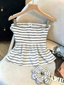 SHEIN Franclia Atasan Tube Wanita Motif Garis-Garis Warna Blok Kasual Serbaguna untuk Pemakaian Sehari-hari - Hitam dan Putih - View 3