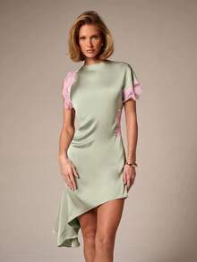 AiiRZ Satin Mini Dress With Pink Lace Cap Sleeves Asymmetric Ruffle Hem Round Neck Party Spring Summer Event Dress - Green - View 5