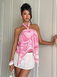 Aloruh 女款優雅浪漫粉色花卉印花掛脖繫帶背心上衣 - 彩色 - 查看 7