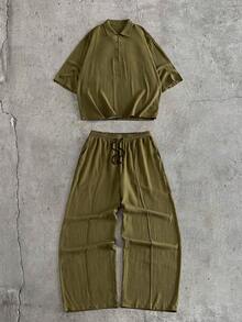AXEPEAK Conjunto casual de camisa de manga corta de unicolor y pantalones de pierna ancha con cintura con cordón para hombre - Verde militar - Ver 2