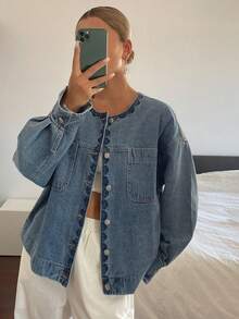 DAZY 女款刺繡設計寬鬆牛仔夾克外套 秋季 - 中等水洗藍 - 查看 4