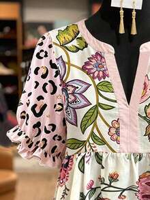 NostaNoir Women's Summer Leopard Print Floral Print Notched V-Neck Blouse - Multicolor - View 3