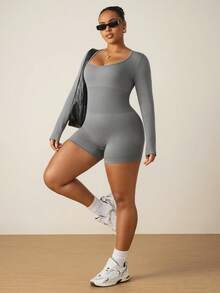SHEIN Rhythm Era Đồ liền thân thể thao tay dài size lớn cho nữ mùa thu - Xám - Xem 6