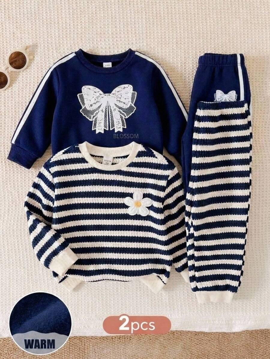 SHEIN Baby Girls French Elegant Round Neck Bow Print Pullover Sweatshirt/Autumn Winter Pants Set - Multicolor - View 1