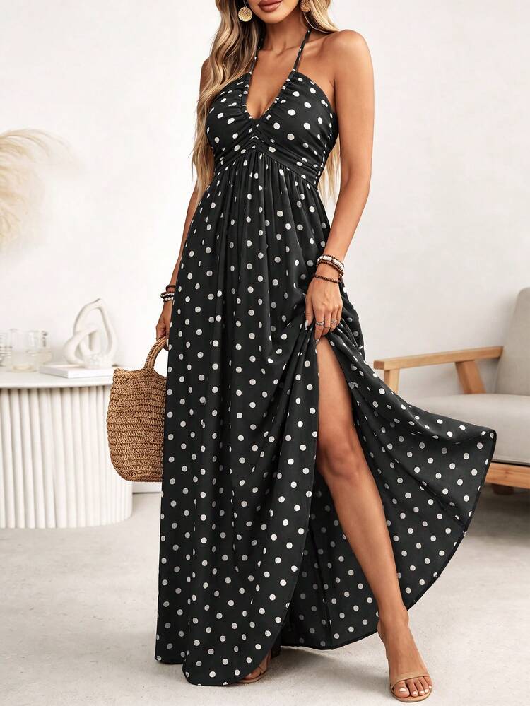 Wandoria Women's Brown Polka Dot Single-Thread Bamboo Linen Blend Viscose Spaghetti Strap Tie Bow Front Double Layer Pleated Shirred A-Line Back Waist Gathered Long Slip Dress, Elegant French Vintage Office Commute Casual Beach Vacation Western Street Style Minimalist Versatile Fashion Afternoon Tea Party Spring Summer New - Black - View 3