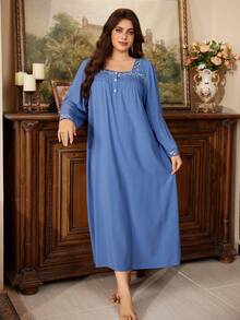 PalaceNights Plus Size Loose Long Sleeve Nightgown With Palace Style Pleated Front Neckline And Embroidered Lace Design - Blue - View 8