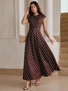 Anewsta 女款優雅通勤知性復古休閒波點洋裝，現代街頭風，適合春夏穿著，情人節派對穿搭，日常通勤 - 棕色 - 查看 5