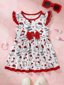 HELLO KITTY AND FRIENDS | SHEIN Baby Girl Round Neck Bow Decor All-Over Print Casual Vacation Travel Dress - White - View 1