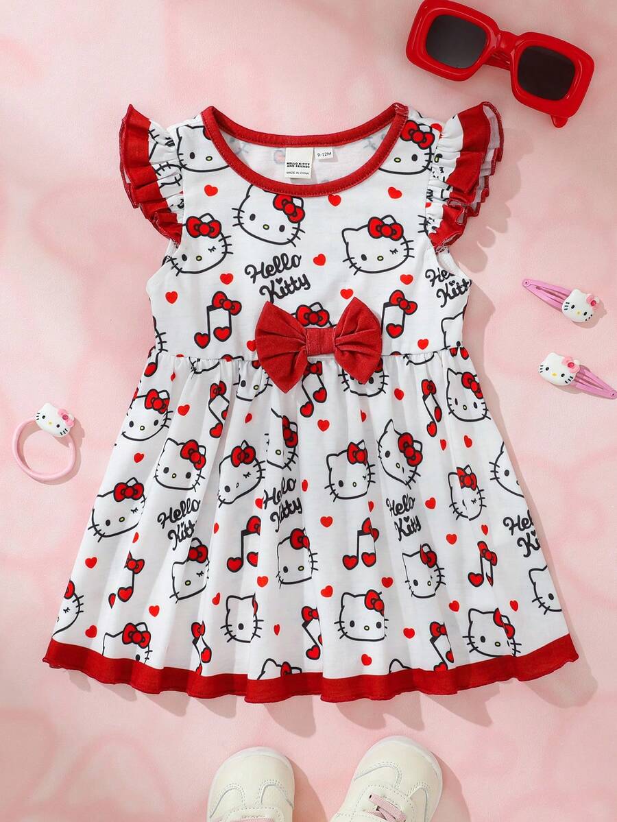 HELLO KITTY AND FRIENDS | SHEIN Baby Girl Round Neck Bow Decor All-Over Print Casual Vacation Travel Dress - White - View 1