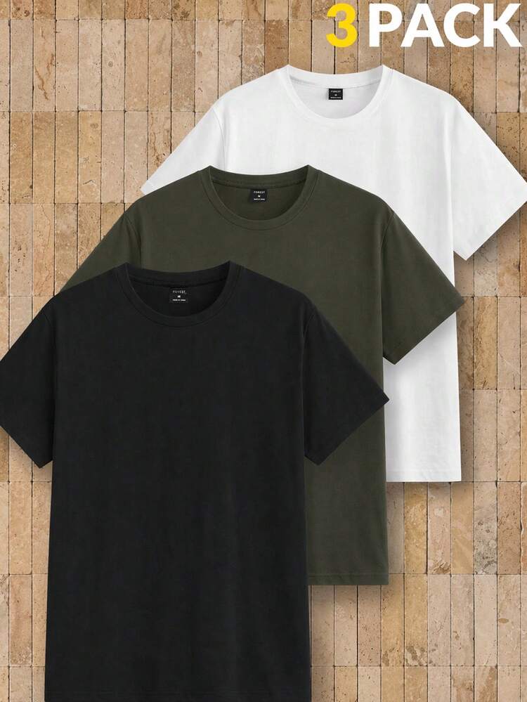 Manfinity RebelGame 3pcs/Pack Men's Casual Knitted Solid Color Short Sleeve T-Shirt, Suitable For Daily Wear - Multicolor - View 1