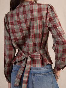 Easelle Vintage Retro Bohemian High Neck Cinched Waist Plaid Women's Blouse Everyday Day Time Dark Teal Autumn - Multicolor - View 2