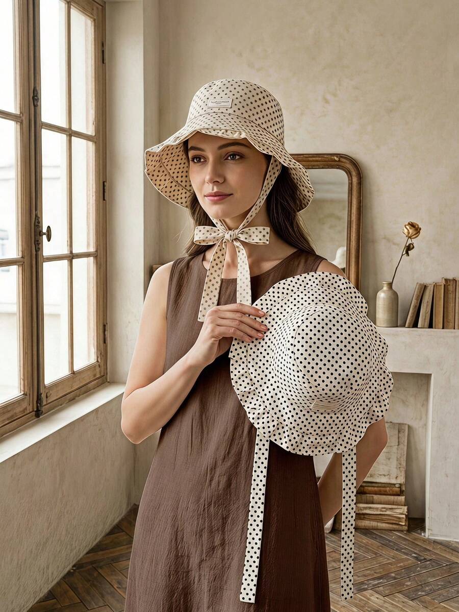 Cirelle 1pc Vintage Polka Dot Sun Bucket Hat For Women, Wide Brim Ruffle Summer Bucket Hat With Neck Ties, Packable Aesthetic Beach Sun Protection Cap - Multicolor - View 1