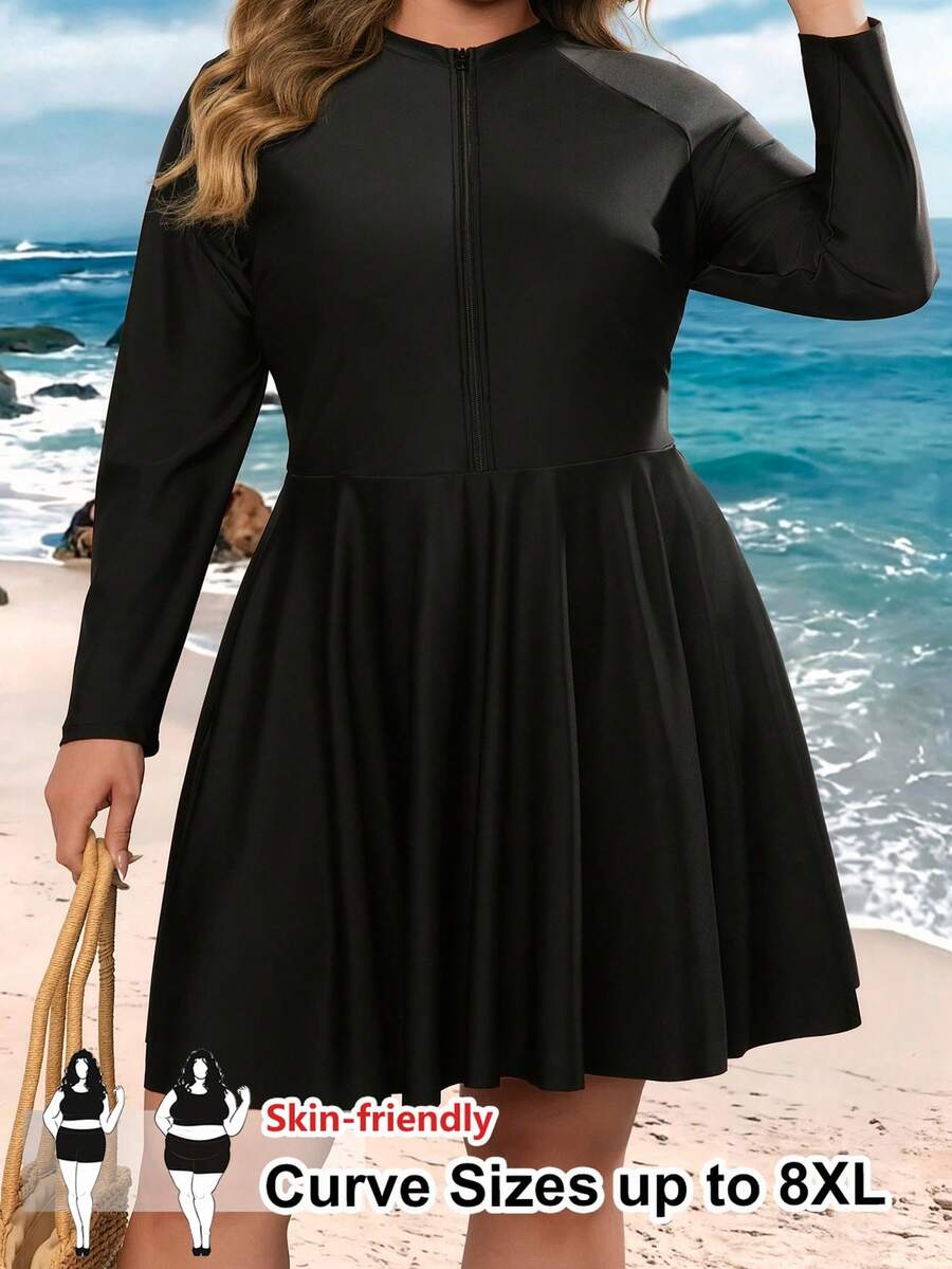 SHEIN CURVE+ 大尺碼女款素色前開拉鍊長袖休閒衝浪裝,適合海灘度假 - 黑色 - 查看 1