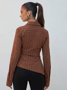 Hauture Women's Long Sleeve Stripe Textured Tie Front Shirt Old Money Sexy Office Night Out Date Night Style Casual Brown Stripe Fall - Brown - View 2