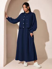 Veilorie Women's Solid Color Pleated Dress And Long Sleeve Cardigan Casual Daily 2-Piece Set - Navy Blue - View 5