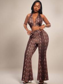 Radiana Plus Size Women's Fashion Sexy 2-Piece Set: Ring Design Snake Print Halter Deep V-Neck Top + Matching Flare Pants Set, Suitable For Party, Daily Wear - Multicolor - View 5