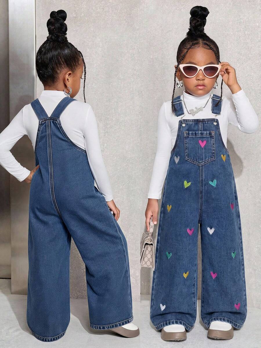 SHEIN Young Girl Girls' Colorful Heart Embroidered Pattern Dark Blue Denim Loose Overalls Back To School Cowgir - Blue - View 1