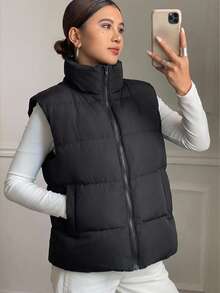 DAZY Jaket Rompi Empuk Musim Dingin Wanita Hangat dengan Kantong Resleting untuk Musim Gugur - Hitam - View 5