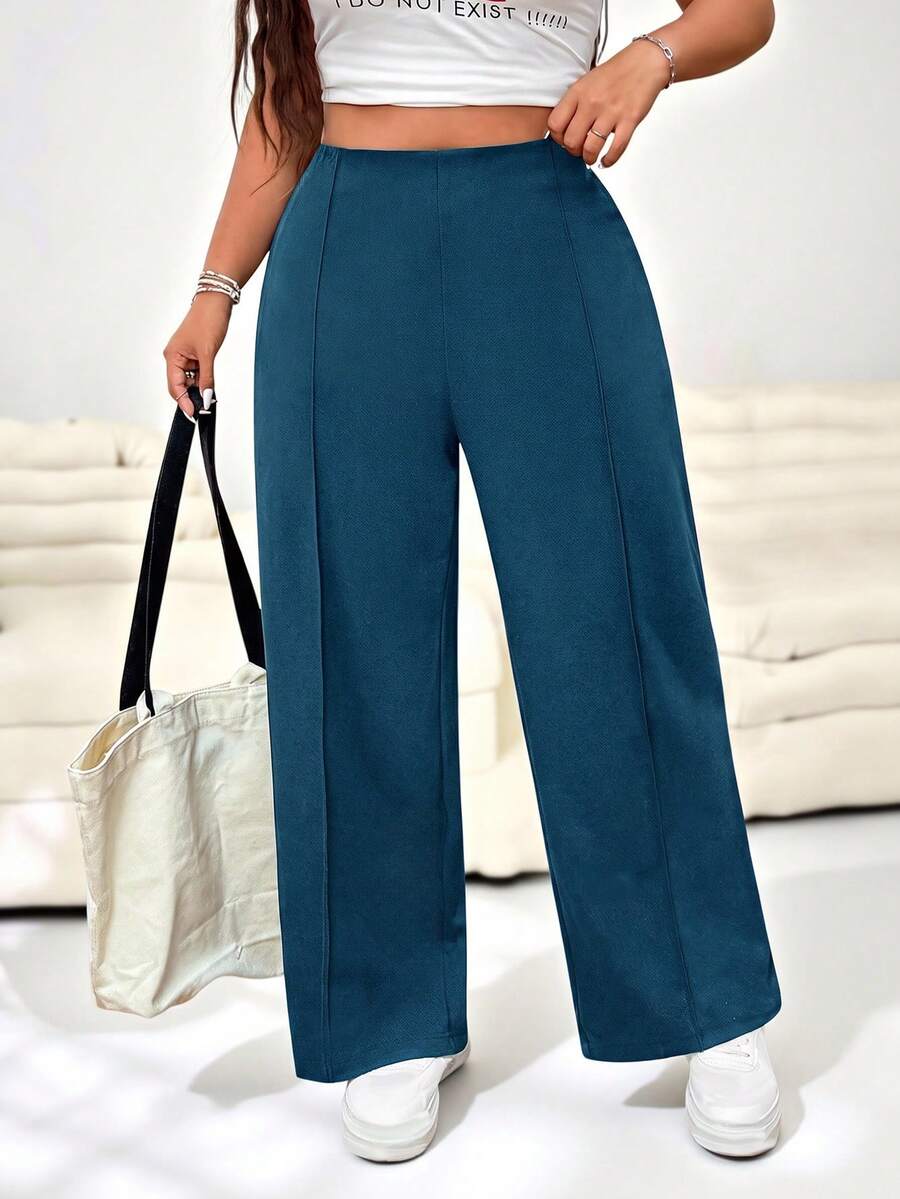 SHEIN EZwear 休閒復古綠色直筒大尺碼長褲 - Fresh Green - 查看 1