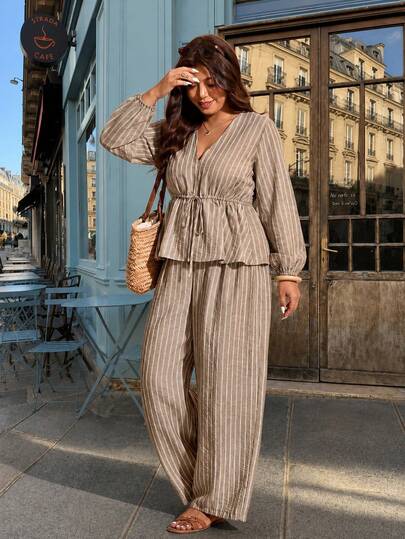 Elaquor Plus Size Women's Beige Waist Tie Shirt And Pants Casual Casual Formal Boho 2-Piece Set Vacation Carribean Autumn Vacation Evening Vacation Fall
