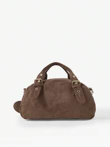 Viva Strut Ladies Fashionable Casual Street Personalized Sweet Cool Spice Y2K, Heart Mirror Pendant Rivet Design, Brown Suede Retro Handbag, Crossbody Bag - Coffee - View 4