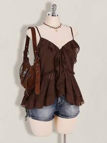 SHEIN ICON Plus Size Women's Ruffle Chiffon Solid Color Tie Strap Camisole - Brown - View 5