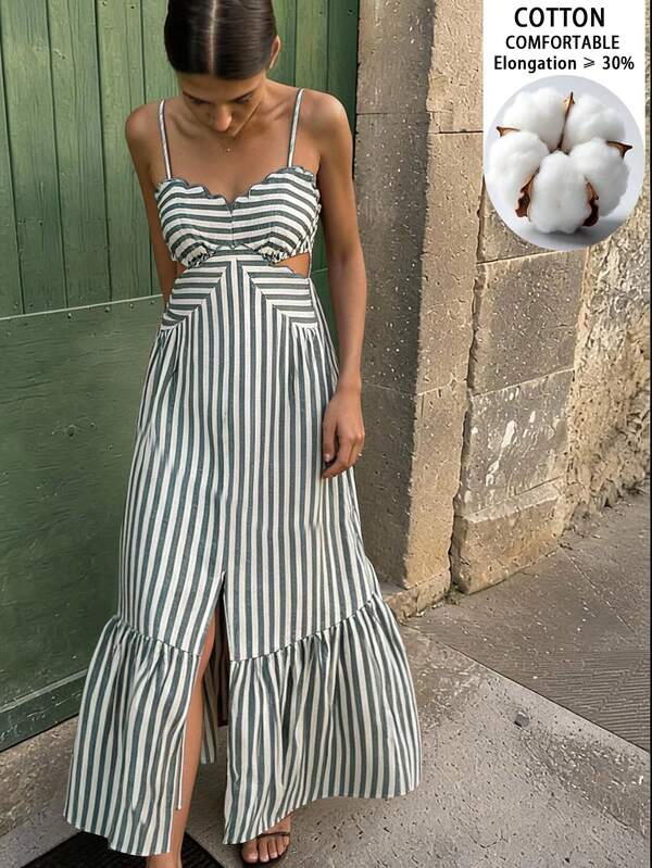 Travachic Women's Minimalist Breezy Boho Striped Cut-Out Sexy Ruffle Hem Cami Dress Beach Vacation Green And White Striped Summer