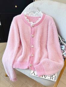 GlowEve Women's Casual Lace Trim Cardigan, Autumn/Winter - Baby Pink - View 1