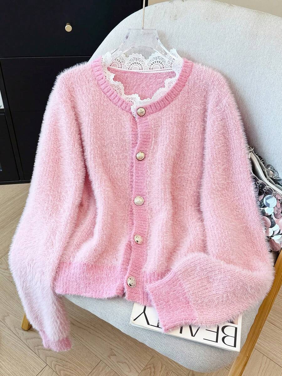 GlowEve Women's Casual Lace Trim Cardigan, Autumn/Winter - Baby Pink - View 1