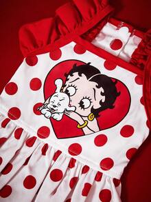 Betty Boop X PETSIN 1件可愛紅白波點復古卡通印花荷葉邊肩帶休閒洋裝，適合小型犬貓，適合室內派對或陽光戶外散步 - 波點 - 查看 5