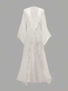 Sirith Women's Solid Color Long Sleeve Drawstring Hem Cover Up - White - View 7