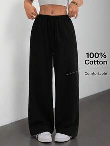 SHEIN PETITE 女款純色腰綁帶口袋長褲，舒適，適合春、夏、秋、冬 - 彩色 - 查看 3