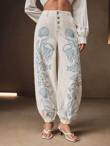 Anewsta Women's Exquisite Luxurious Heavy Embroidery Rope White Long Pants For Summer Vacation Promotion - Beige - View 3