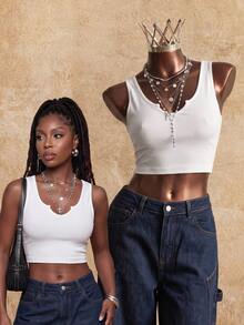 SHEIN Women's White Cotton Ribbed V-Neck Cropped Vest With Small Cutouts, U-Neck Stretch Slim Fit, Versatile Style Going Out Everyday Golf Summer Sexy Basic - White - View 1