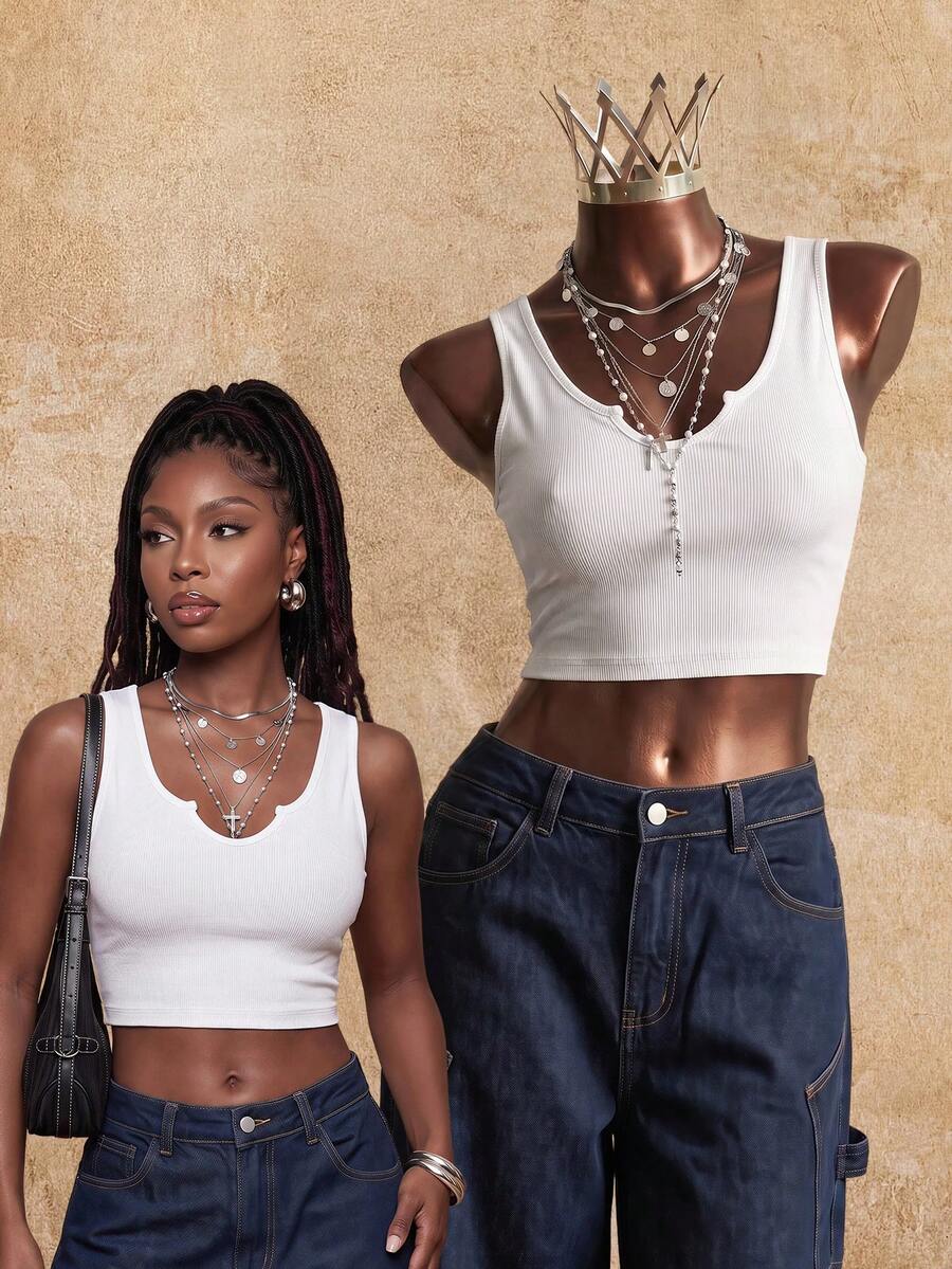 SHEIN Women's White Cotton Ribbed V-Neck Cropped Vest With Small Cutouts, U-Neck Stretch Slim Fit, Versatile Style Going Out Everyday Golf Summer Sexy Basic - White - View 1