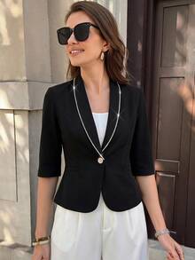 SHEIN Clasi Fall Women Women's Solid Color Peter Collar Rhinestone Chain Decor Metal Button 3/4 Sleeve Waist-Cinching Blazer, Commuter - Black - View 3