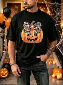 Manfinity Dauomo Men Leopard Bow Pumpkin Graphic Short Sleeve Crew Neck T-Shirt, Casual Loose Tee For Fall Halloween - Black - View 1