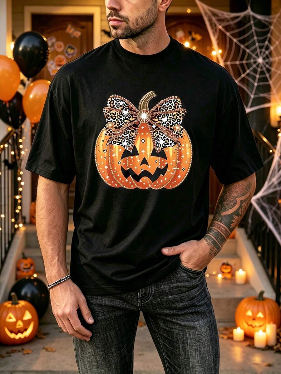 Manfinity Dauomo Men Leopard Bow Pumpkin Graphic Short Sleeve Crew Neck T-Shirt, Casual Loose Tee For Fall Halloween - Black - View 1