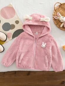 SHEIN Young Girl Knitted Solid Color Faux Fur Hooded 3D Cute Rabbit Patch Casual Jacket - Pink - View 2