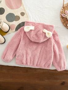 SHEIN Young Girl Knitted Solid Color Faux Fur Hooded 3D Cute Rabbit Patch Casual Jacket - Pink - View 3