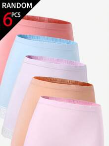 [6 Piezas Aleatorias] Calzoncillos tipo bóxer cómodos para niñas con patchwork de encaje y unicolor, 6 piezas surtidas aleatoriamente - Multicolor - Ver 4