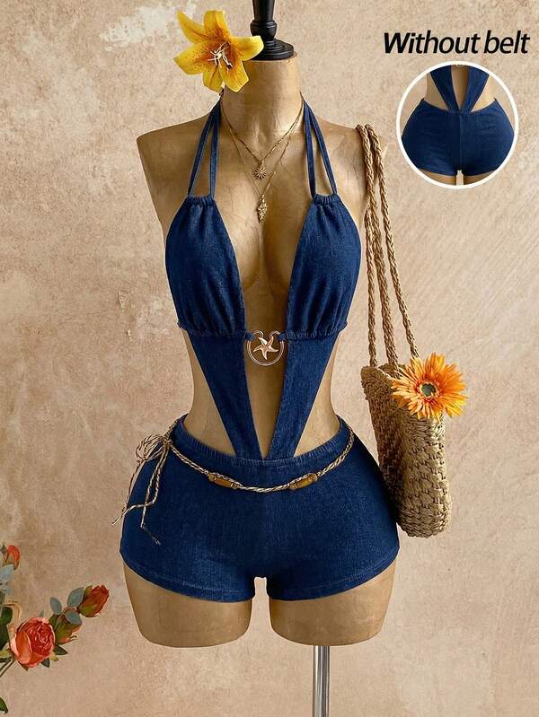 Soleia Mono de mezclilla con escote halter, tirantes finos, recortes y ajustado para mujer, ideal para verano, carnaval, viajes, graduación, estilo Y2K, fiesta, boda, negocios, playa y talla grande. Mono corto de mezclilla con escote en V profundo, halter, ajustado, espalda descubierta, lindo para playa y uso casual.